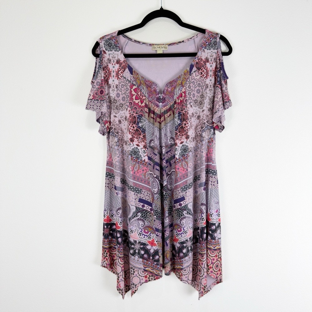 Live And Let Live Top Womens Large Purple Floral Patchwork Print Bling Tunic Y2K